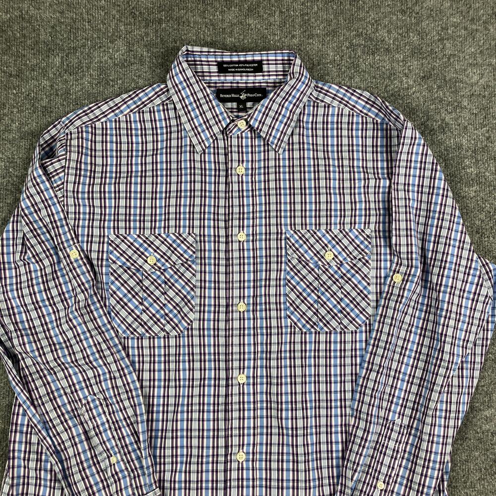 Beverly Hills Polo Club Button-Up Shirt Mens XL Plaid Purple Blue‎ Long Sleeve